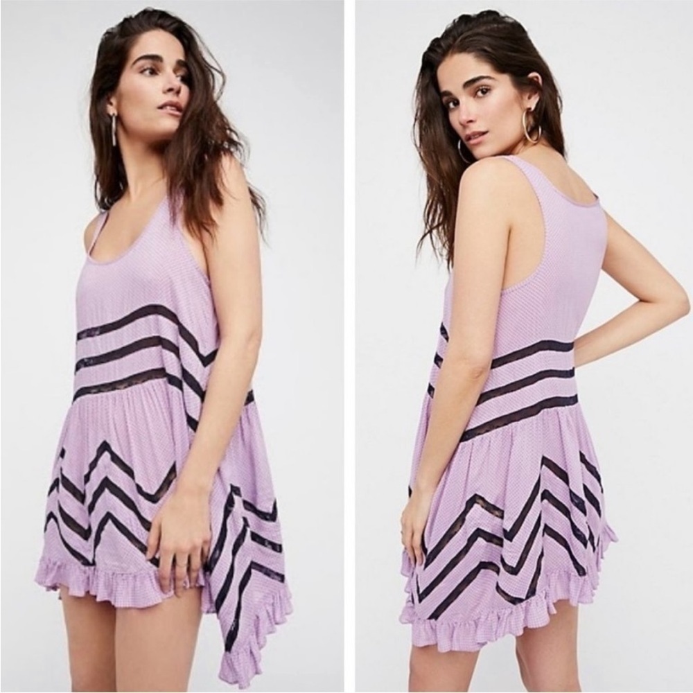 FREE PEOPLE I Boho Country Western Lilac
Polka Dot Voile Lace Slip Dress Tunic